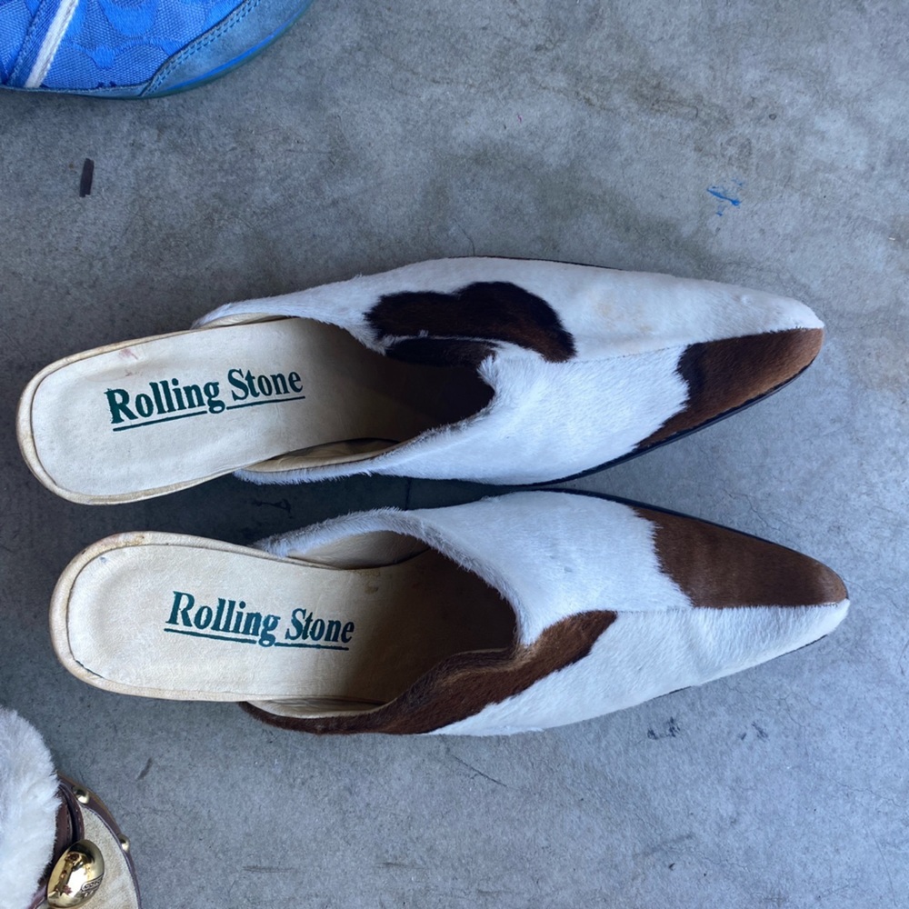 Rolling Stone Cow print mules